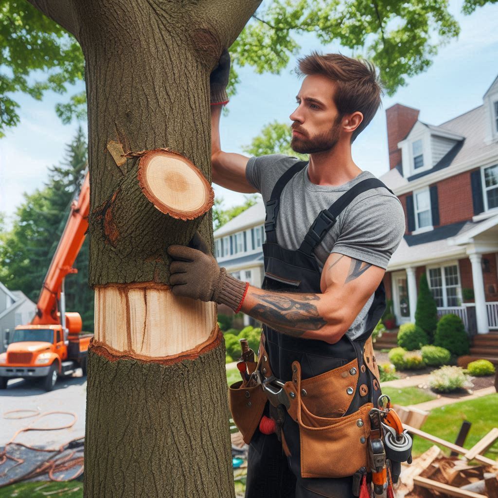 Massachusetts Homeowner's Tree Maintenance Guide Tree removal expert performing maintenance on a typical Massachusetts home's trees